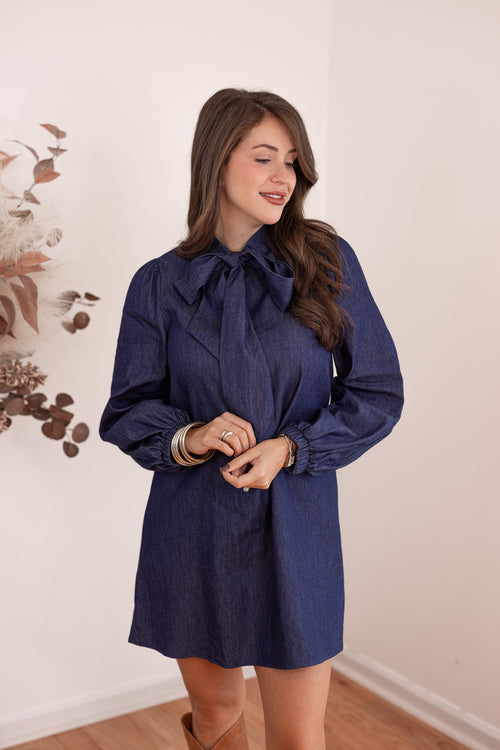 dark denim bow shift dress