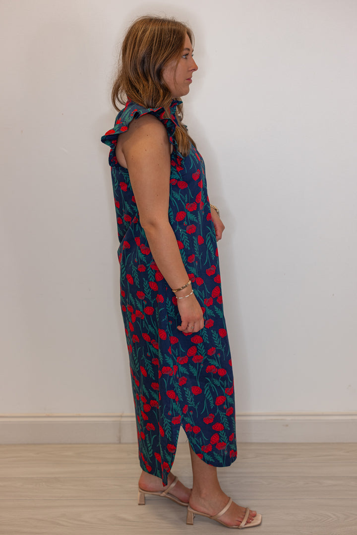 Womens navy blue button front midi dress with red floral print by Entro showing full side view