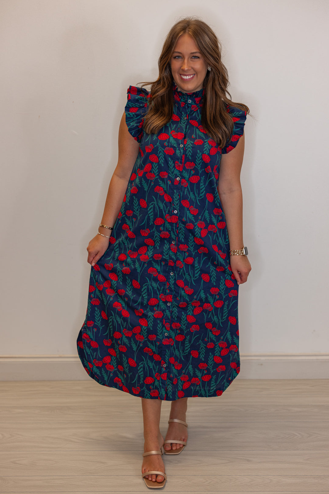 Womens trendy navy blue button front midi dress with red floral print by Entro