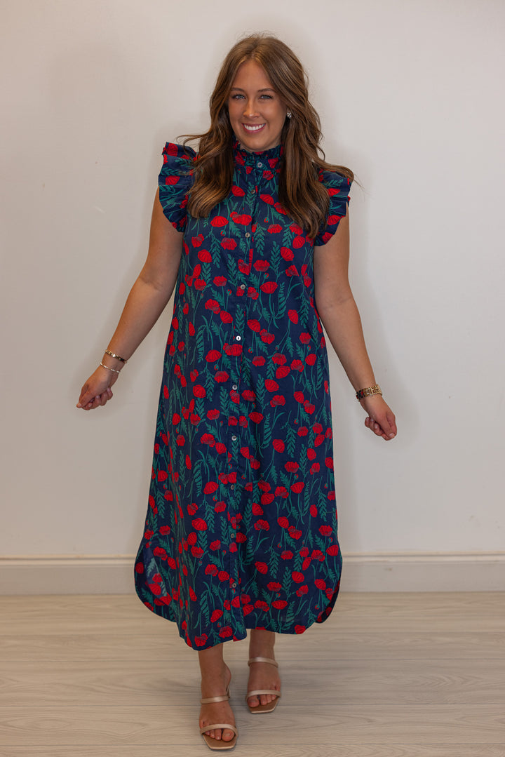 Womens navy blue button front midi dress with red floral print by Entro showing full front view