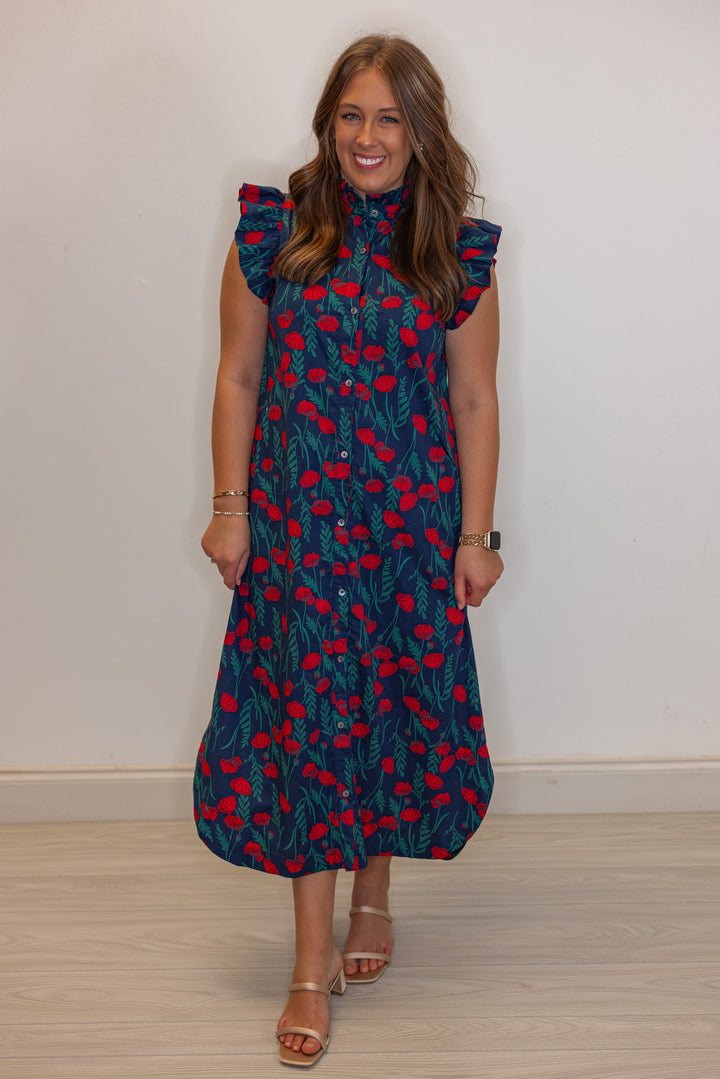 Womens navy blue button front midi dress with red floral print by Entro