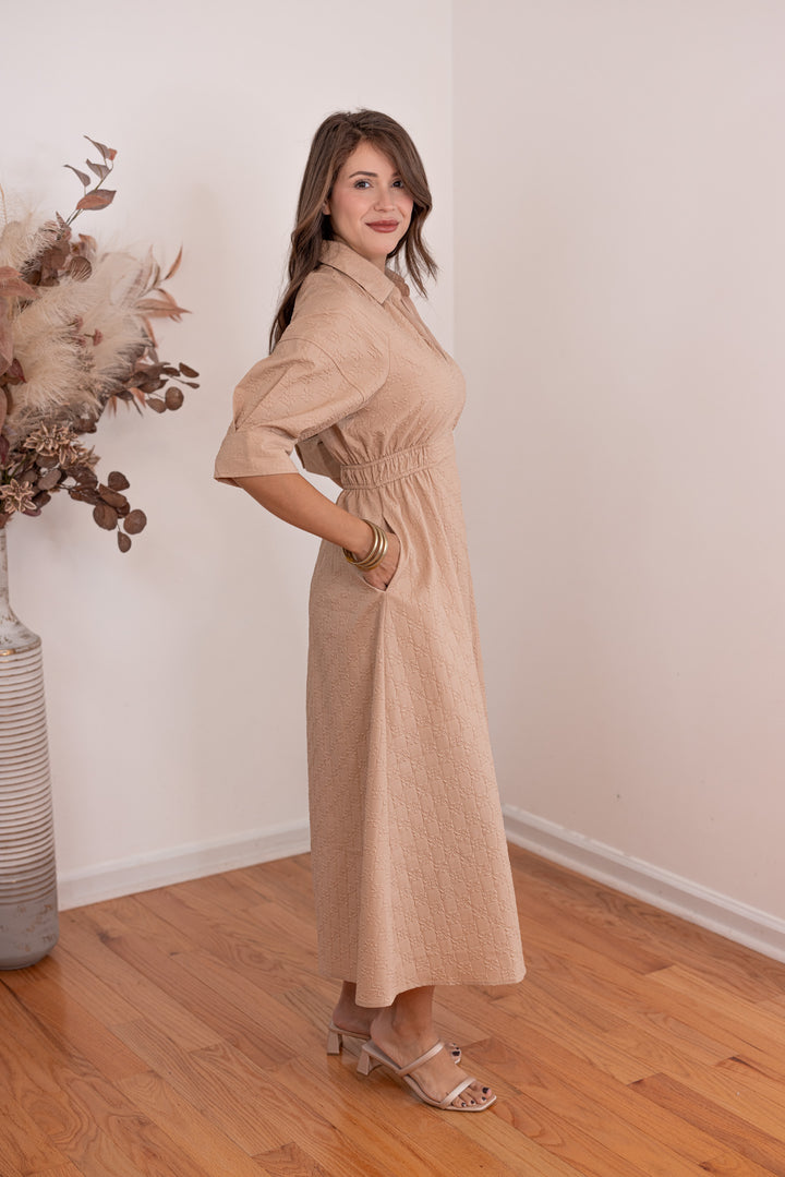 Tan monochromatic textured midi dress