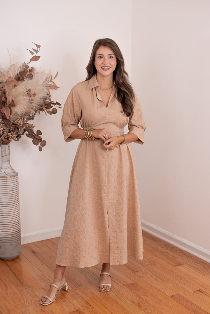 Tan monochromatic textured midi dress