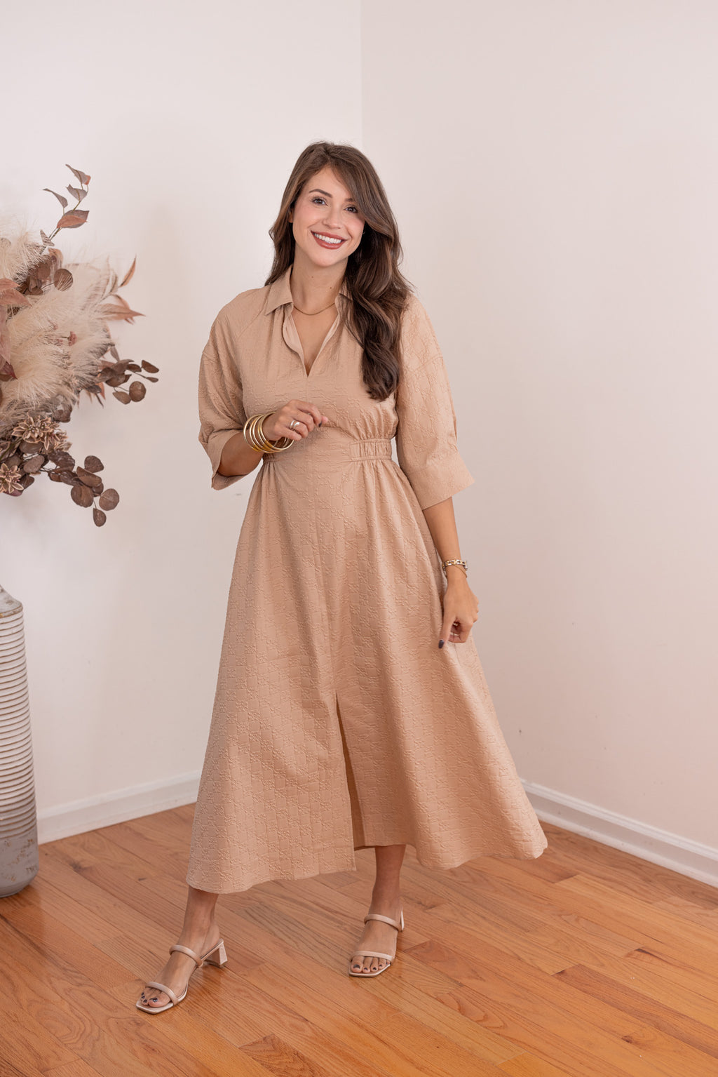 Tan monochromatic textured midi dress