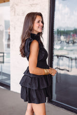 ruffle sleeve black tiered mini dress