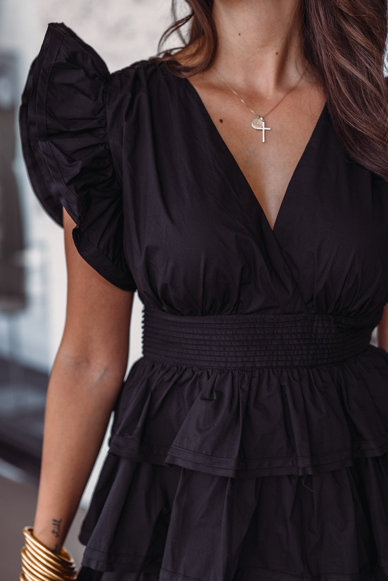 ruffle sleeve black tiered mini dress