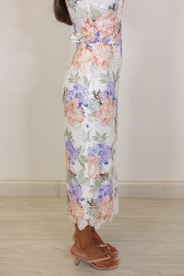 white eyelet embroidered floral midi skirt