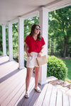 closet staple versatile red blouse