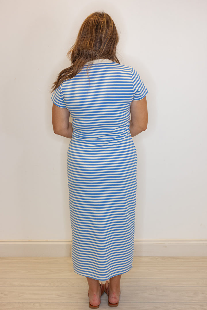 blue stripe knit fitted midi dress
