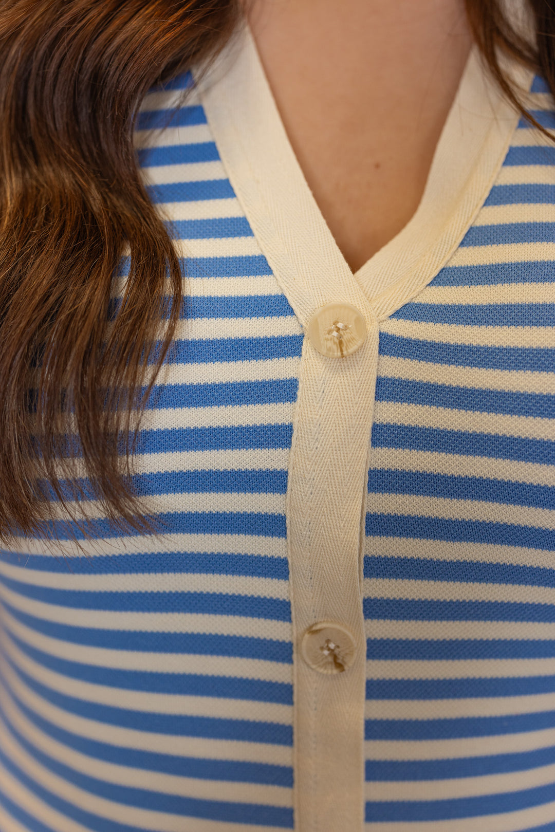 blue stripe knit fitted midi dress