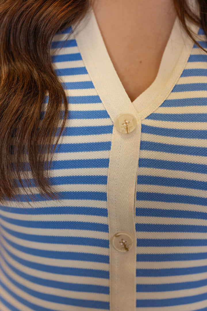 blue stripe knit fitted midi dress