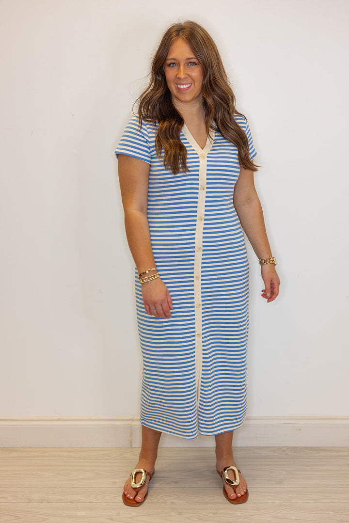 blue stripe knit fitted midi dress