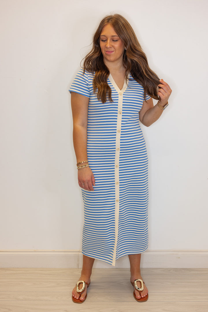 blue stripe knit fitted midi dress