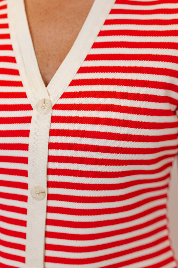 red stripe knit fitted midi dress