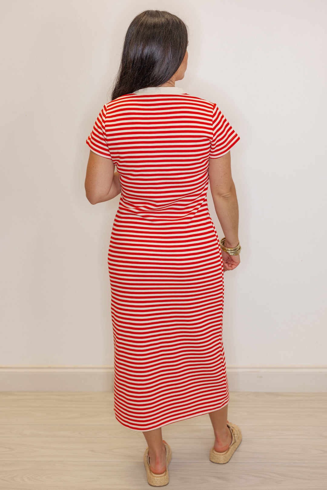 red stripe knit fitted midi dress