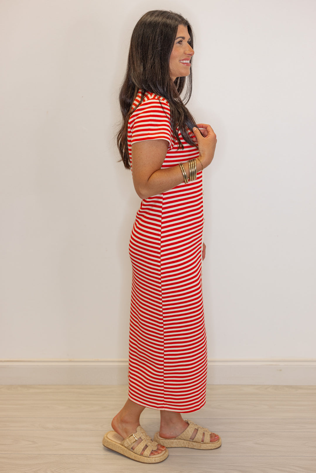 red stripe knit fitted midi dress