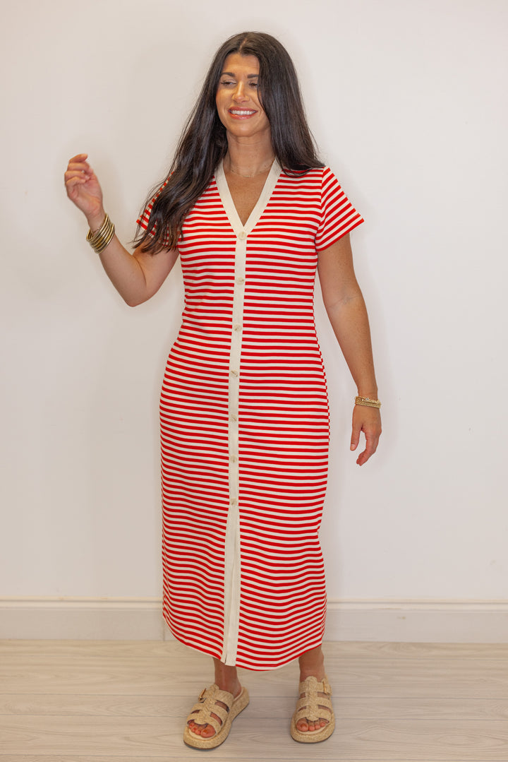 red stripe knit fitted midi dress