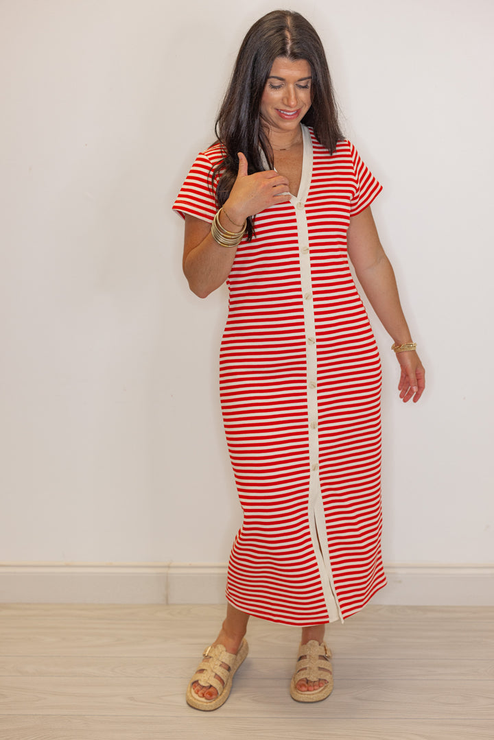 red stripe knit fitted midi dress