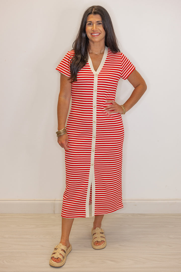 red stripe knit fitted midi dress