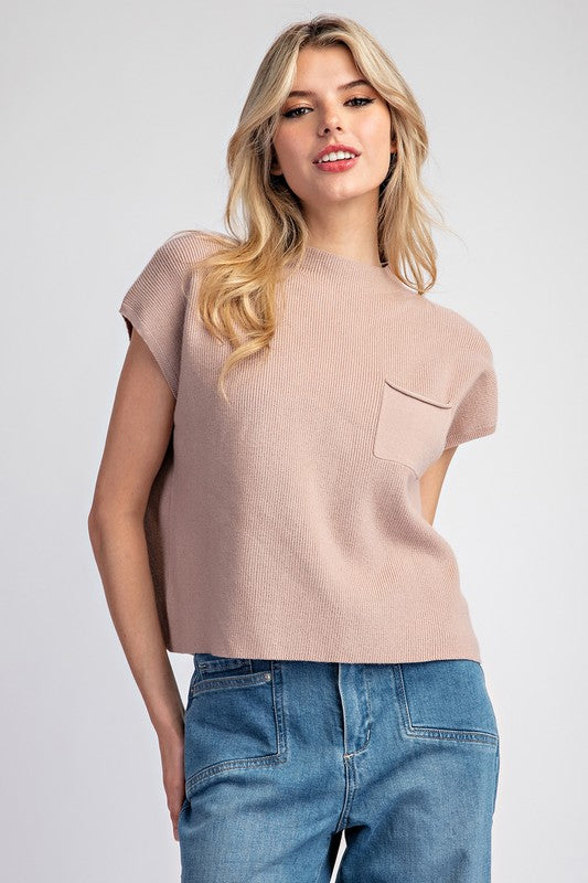 ee:some Coco ribbed knit short sleeve sweater top with smooth chest pocket