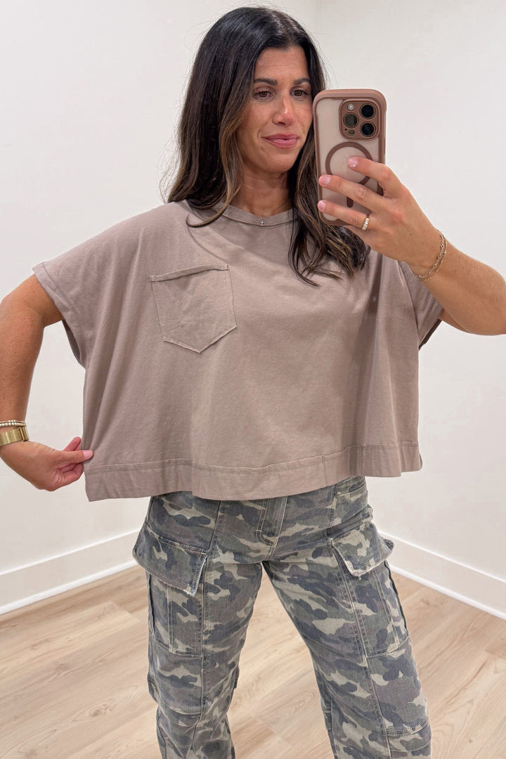solid cocoa brown dolman sleeve crewneck semi-cropped relaxed boxy fit cotton top