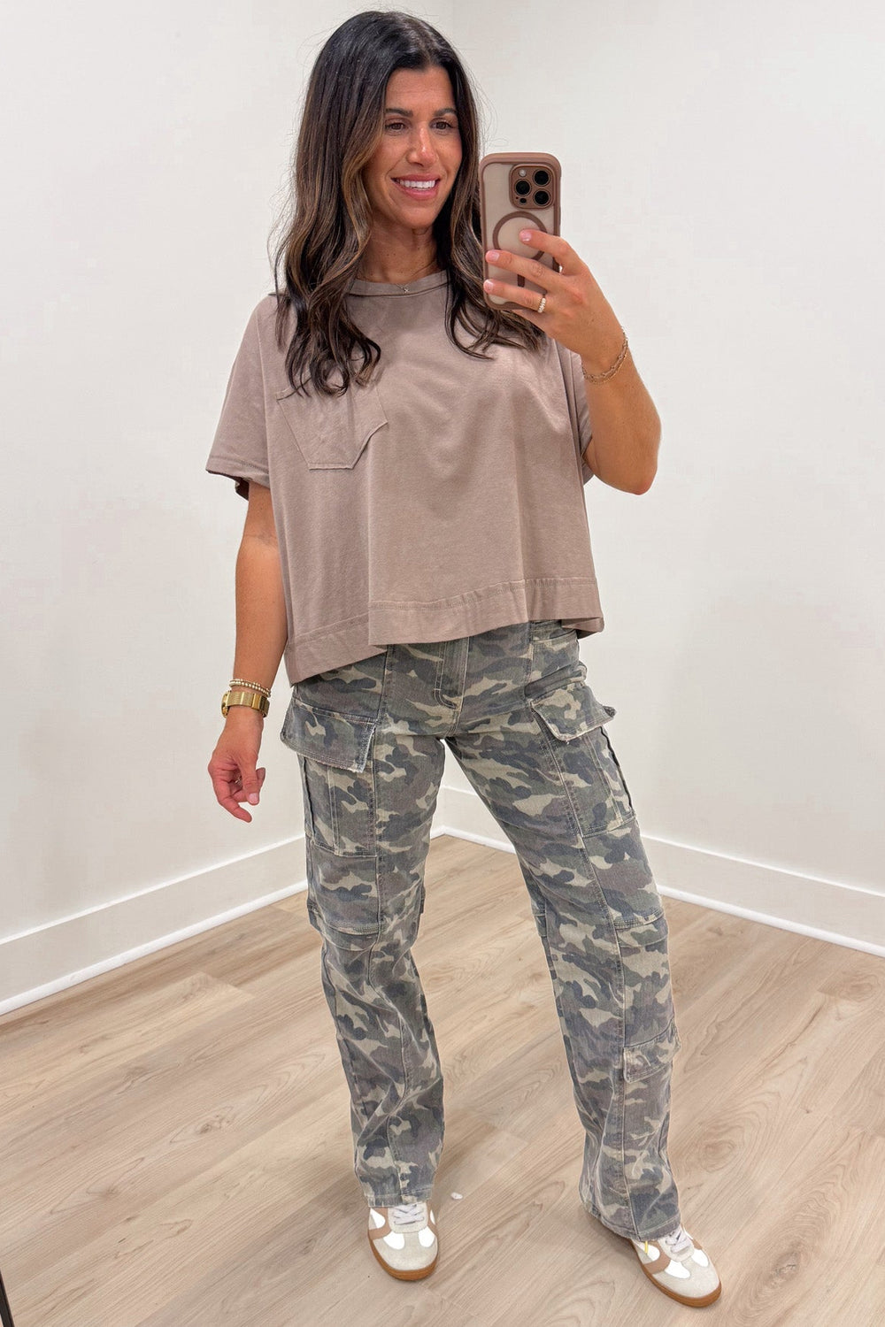 solid cocoa brown dolman sleeve crewneck semi-cropped boxy cotton top with one chest pocket