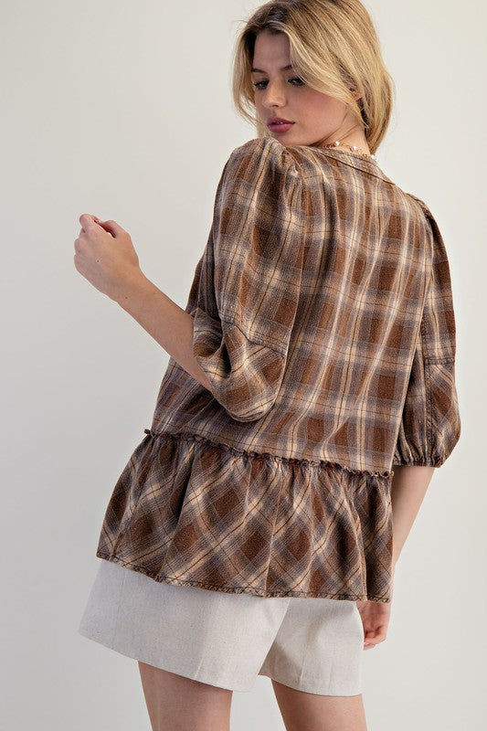 Women's coffee brown plaid linen peplum top with bow ties by Easel showing back view
