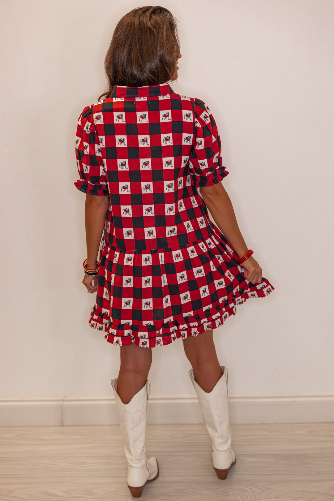  Women's red and black checkered linen dress with UGA bulldog print by Stewart Simmons showing full back view