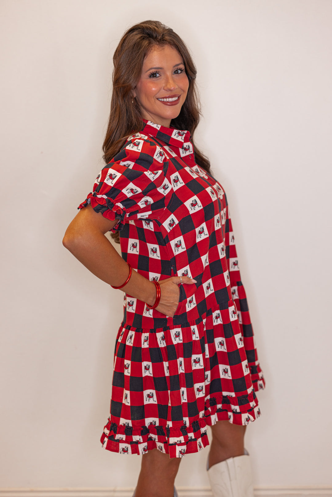  Women's red and black checkered linen dress with UGA bulldog print by Stewart Simmons showing up close side view