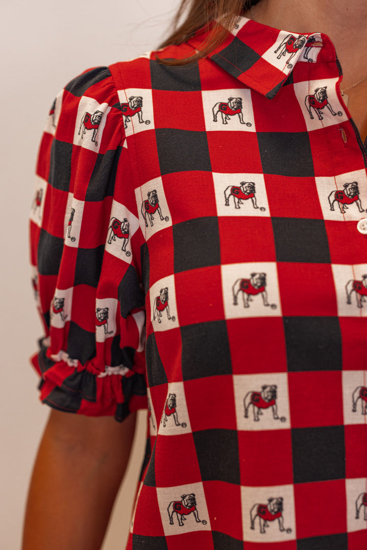  Women's red and black checkered linen dress with UGA bulldog print by Stewart Simmons showing up close view of gingham and bulldog print