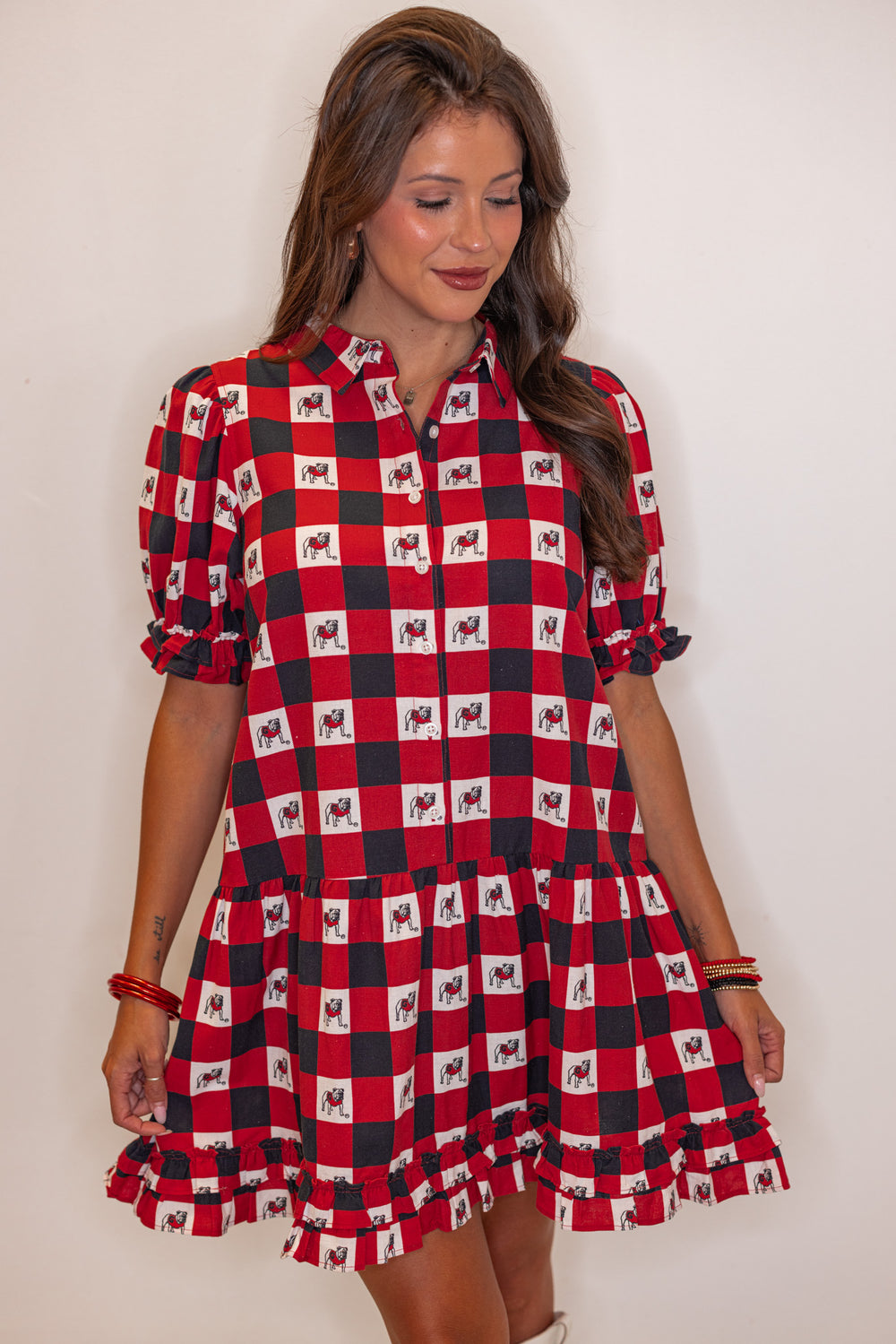  Women's red and black checkered linen dress with UGA bulldog print by Stewart Simmons showing up close front view