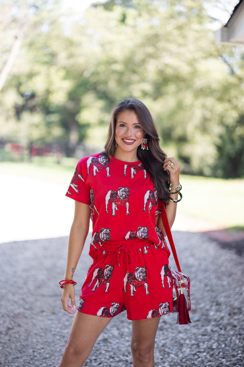 red uga gameday sequin bulldog tee