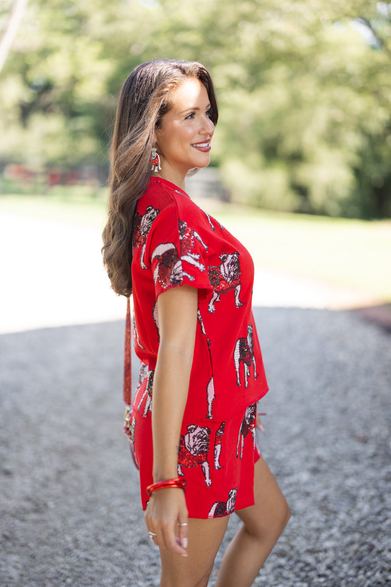 red uga gameday sequin bulldog tee