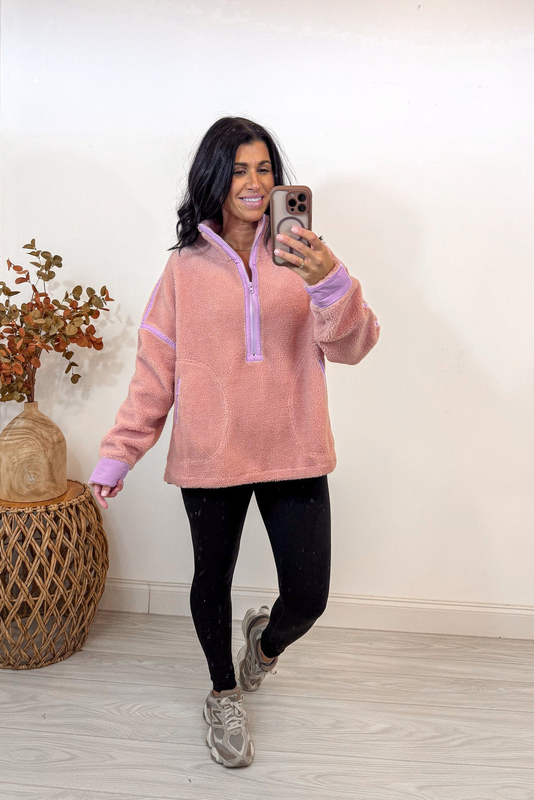 peach pink color block sherpa pullover