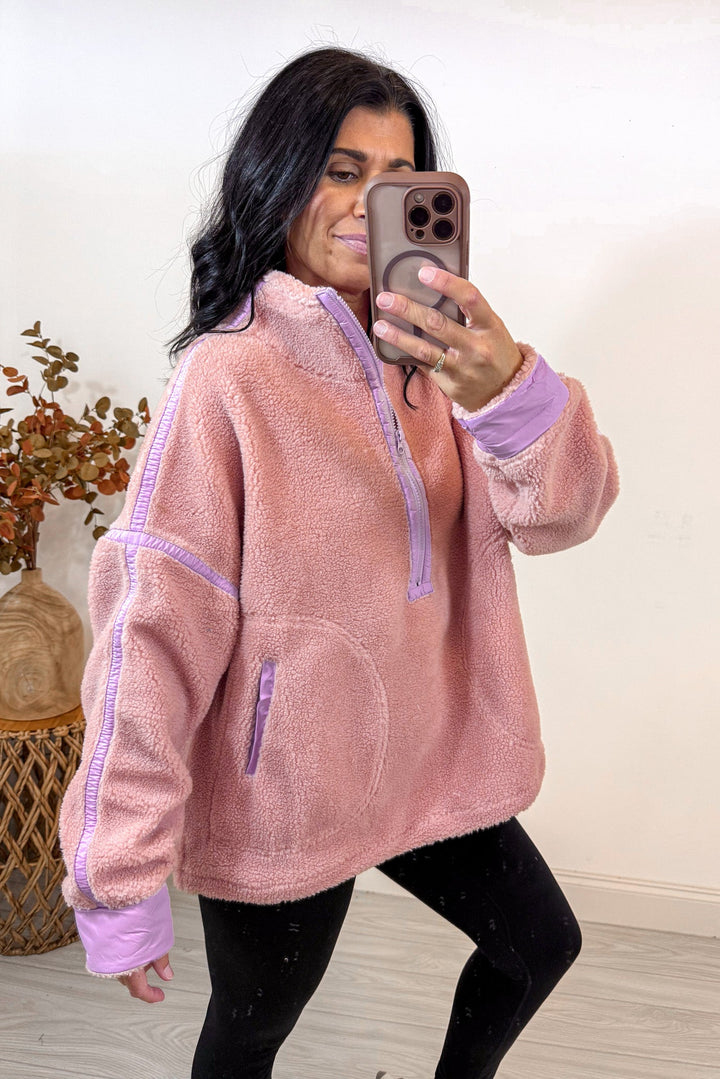 peach color block sherpa pullover