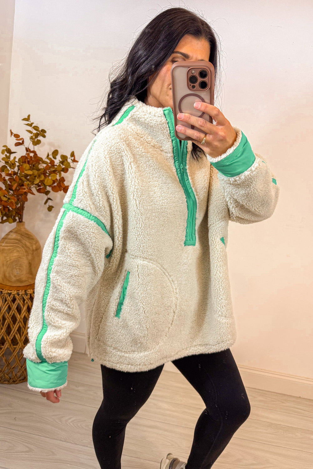 oatmeal color block sherpa pullover