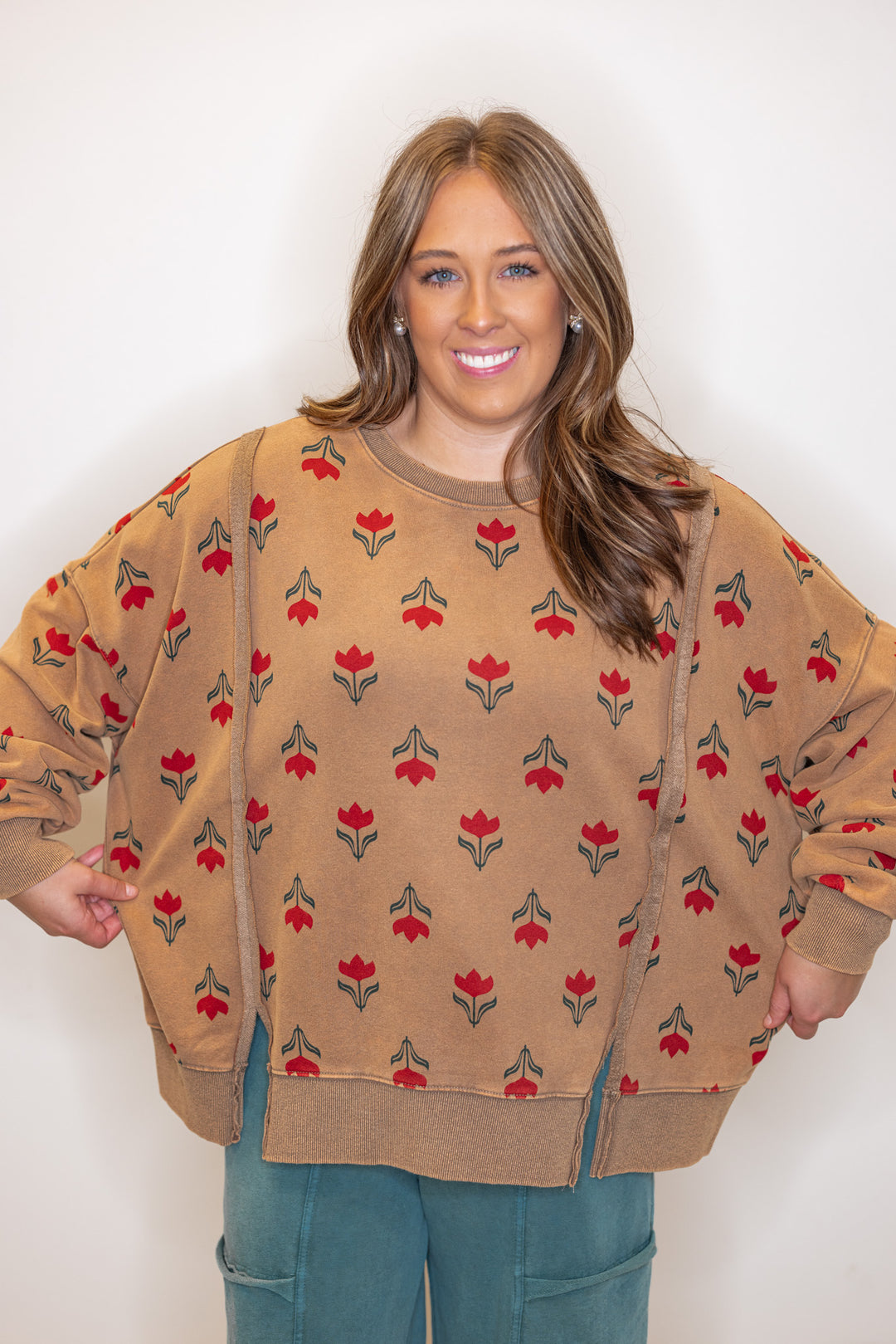 Women's french terry knit washed caramel pullover top with dark red floral print by Easel