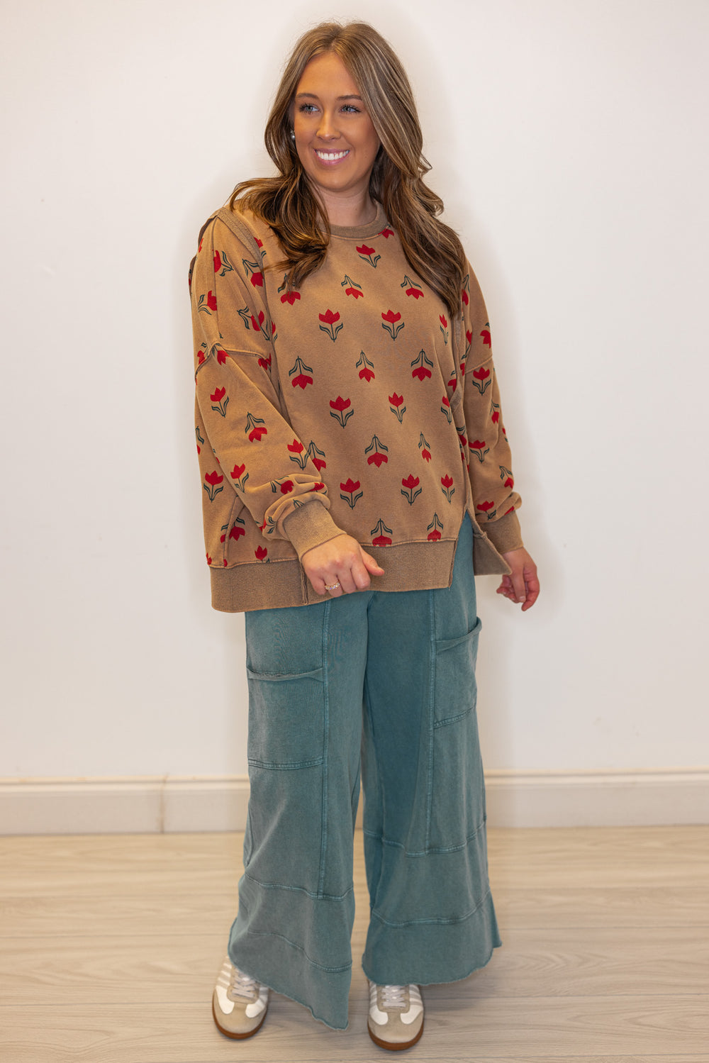 Women's trendy french terry knit washed caramel pullover top with dark red floral print by Easel, perfect for fall