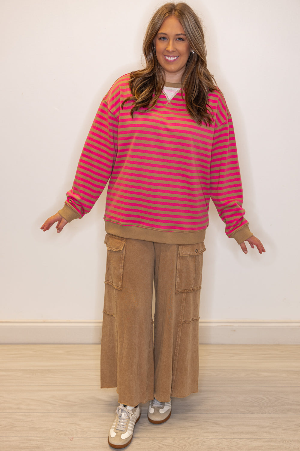 Hot pink and taupe striped french terry knit pullover by Wishlist showing full front view