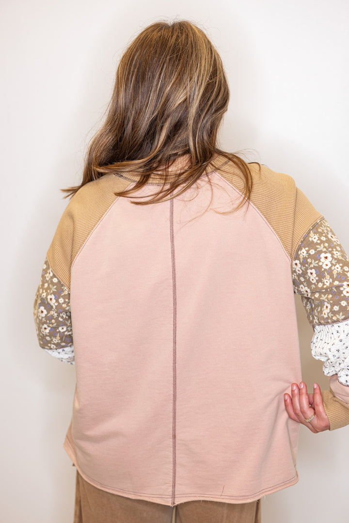 Women's washed rose pink terry knit and tan waffle knit colorblock floral patch top by Easel showing up close back view
