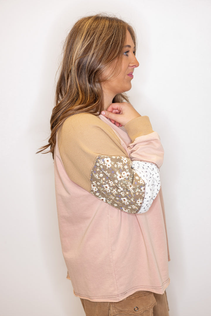 Women's washed rose pink terry knit and tan waffle knit colorblock floral patch top by Easel showing up close side view
