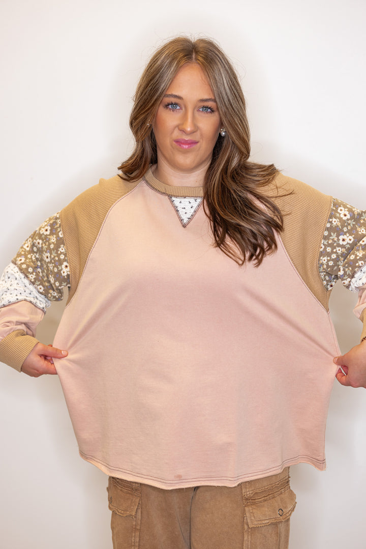 Women's washed rose pink terry knit and tan waffle knit colorblock floral patch top by Easel showing relaxed fit