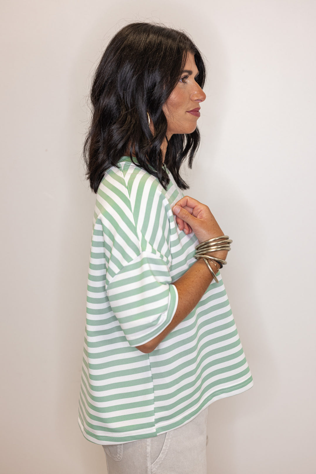Women's mint and white striped terry knit boxy top by Wishlist showing up close side view