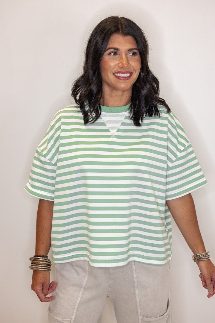Women's mint and white striped terry knit boxy top by Wishlist