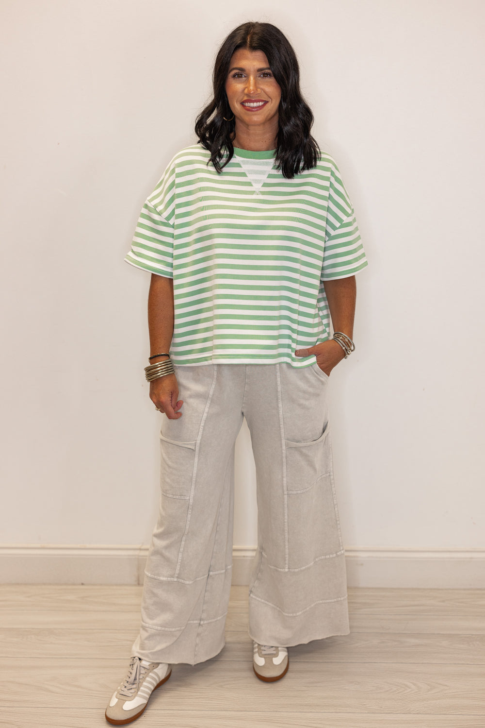 Women's mint and white striped terry knit boxy top by Wishlist showing full front view