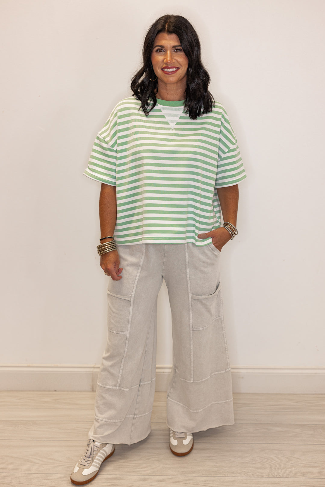 Women's mint and white striped terry knit boxy top by Wishlist showing full front view