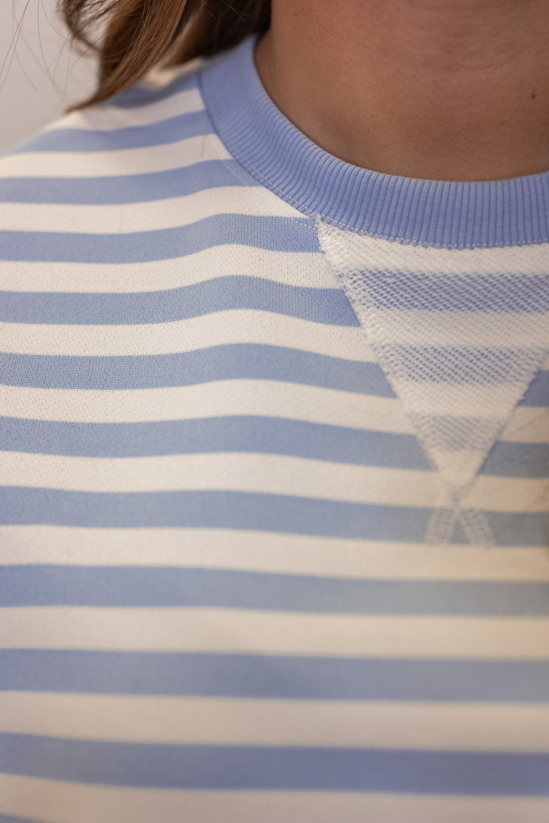 Women's sky blue and white striped boxy top by Wishlist showing up close terry knit fabric detail