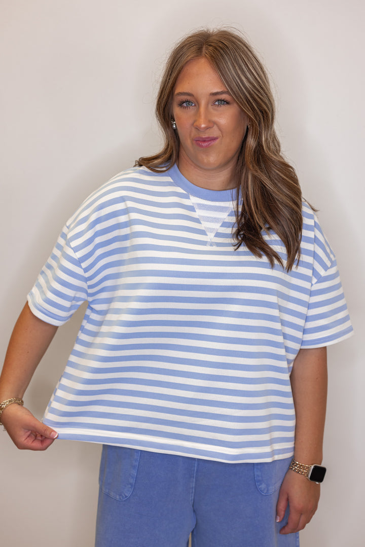 Women's sky blue and white striped terry knit boxy top by Wishlist showing relaxed fit