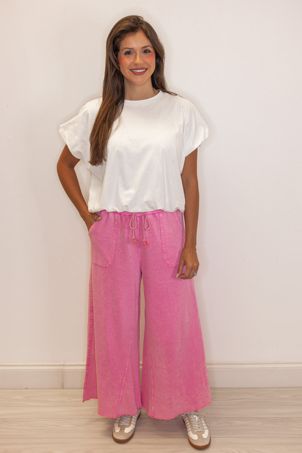 Women's mineral washed barbie pink french terry knit wide leg cropped pants showing full front view
