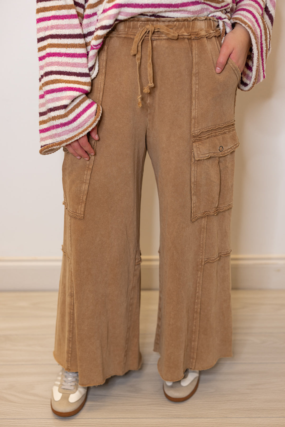 Mineral washed faded latte brown terry knit cargo pants by Easel